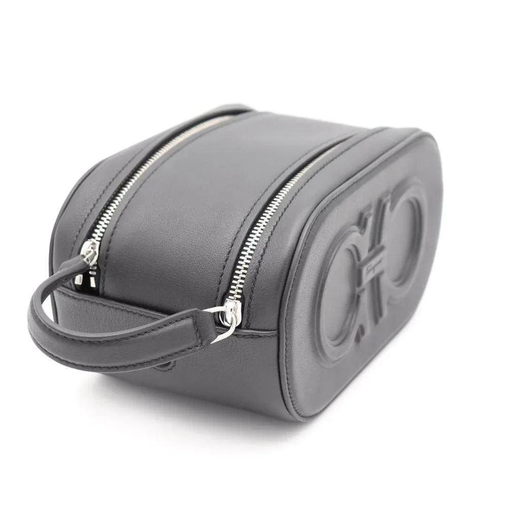 NWT Salvatore Ferragamo Men's Black Leather Double Gancio Dopp Kit Toiletry Bag - Picture 2 of 7